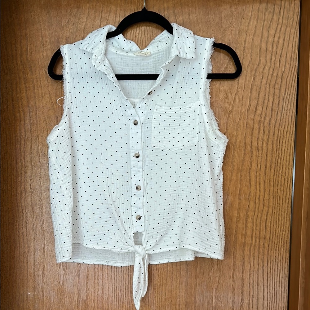 White Polka Dot Sleeveless Tie-Front Top